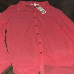 Coral Sheer button up with studs on collar